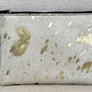 White Cowhide Wristlet • Gold Foil Hair On Hide Leather Clutch 🤍